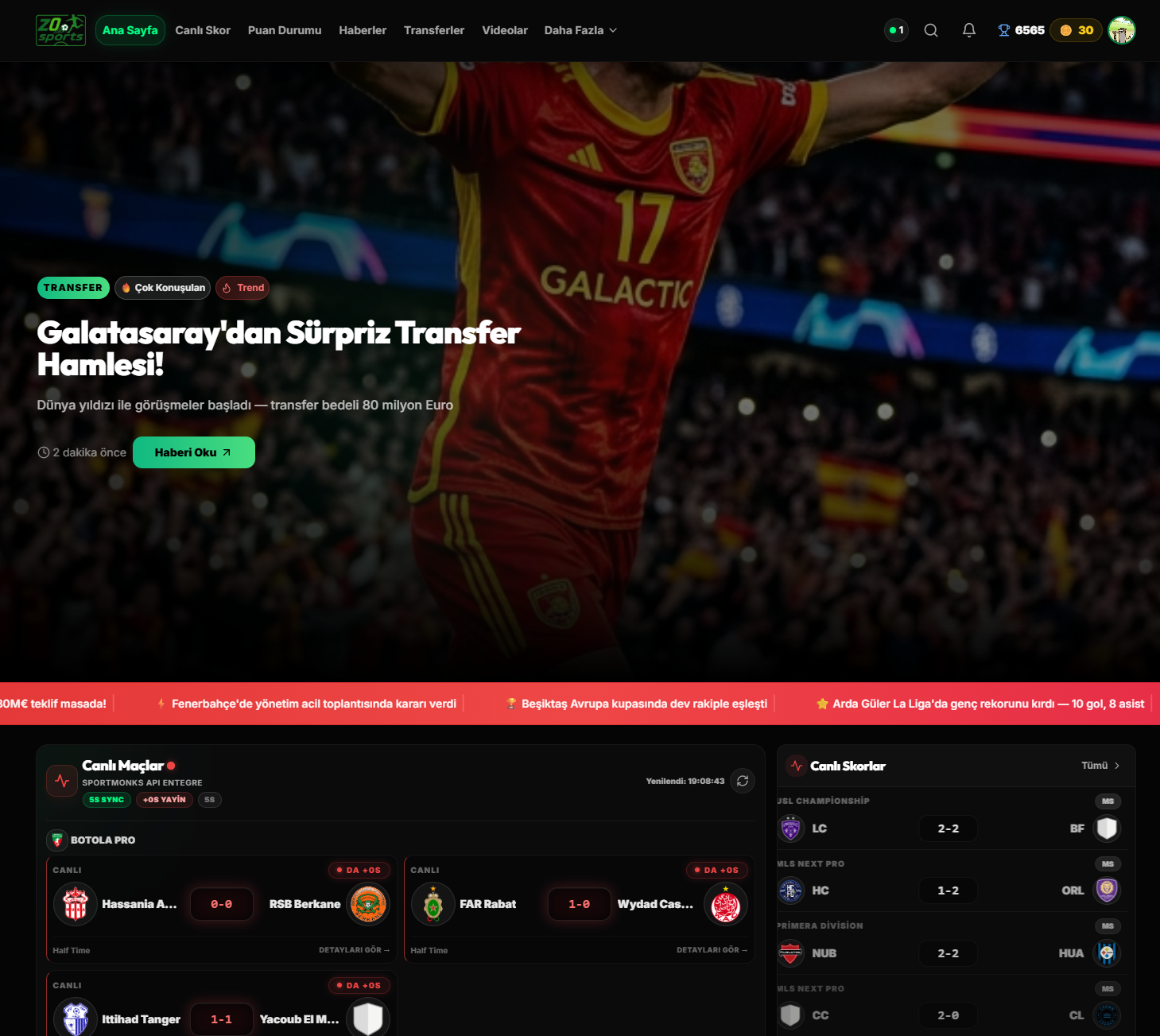 Z0Sports canlı skor ve futbol medya platformu