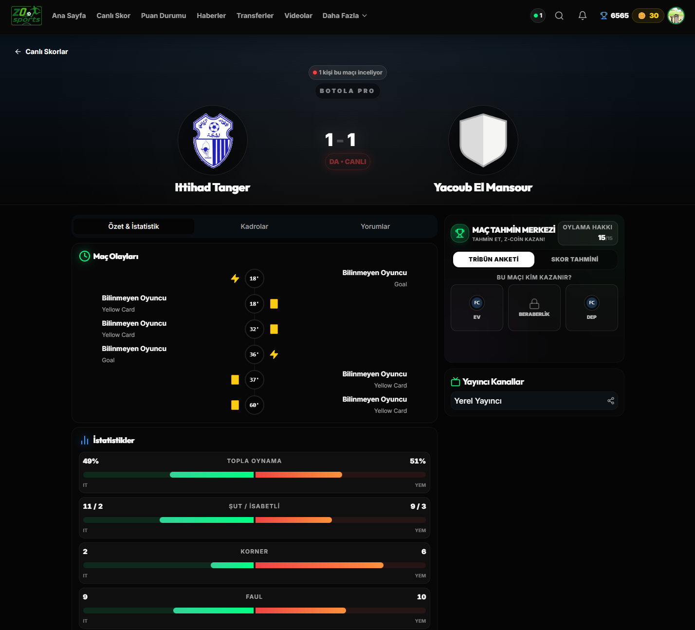 Z0Sports canlı maç detay ve istatistik ekranı